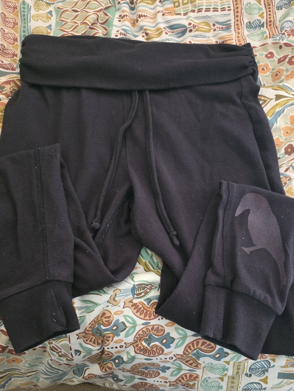 Womens Black Joggers with Drawstring Foldover Waist And Raven Accents